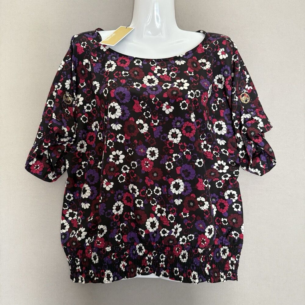 MICHAEL KORS ELASTIC WAIST TAB SLEEVE TOP LARGE MULTICOLOR FLORAL  $110.00 NEW